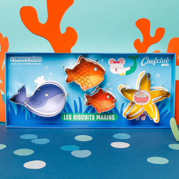 
                                                
                              Emporte-pièces : biscuits marins en forme de poissons et étoile de mer	
                              
                              